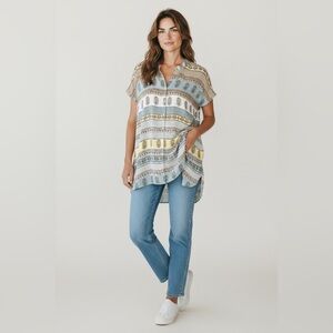 J. Jill Short Sleeve Paisley Button Front Tunic Blue & Tan Size Large